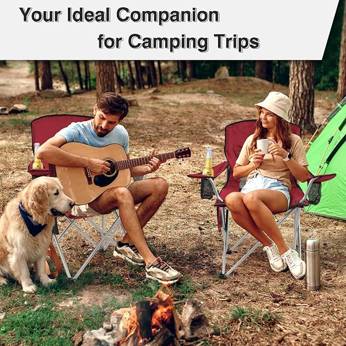 Simple Deluxe Outdoor Foldable Camping Chair with 300lbs Capacity and Sturdy Material Outdoor Camping Chair with Cup Holder &amp Carrying Bag Suitable for Sports Beaches and Camping Red