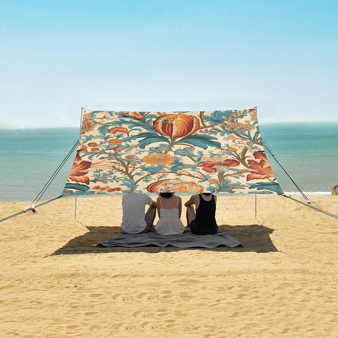 Beach Tent Sun Shelter Retro Blue-Orange Flowers Lightweight &amp Easy Setup Beach Shade Canopy for Camping Fishing