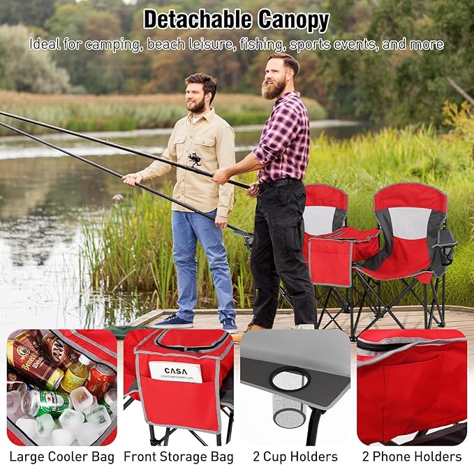 S AFSTAR Camping Chair with Canopy 2-Person Folding Beach Chair with Cup Holders 3-Side Shading Curtains &amp Cooler Bag Foldable Loveseat Lawn Chair for Camping Outdoor &amp Fishing (Red)