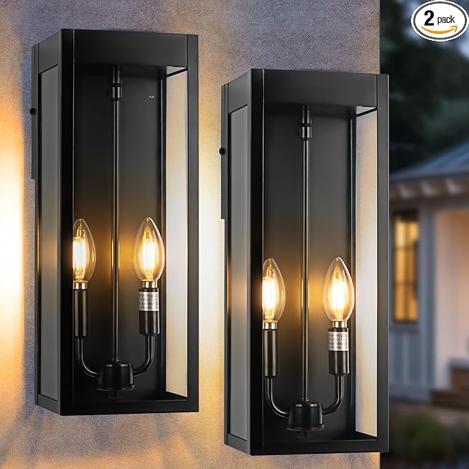 Outdoor Wall Lights 16 Inch Large 2 Pack Black Modern Exterior Lighting Fixtures Wall Mounted with 2-Candle Light Waterproof Outside Wall Sconces Coach Lamps Porch Lanterns for House E12