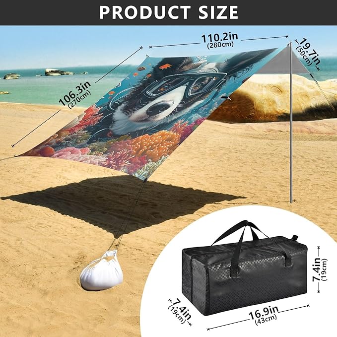 Beach Tent Sun Shelter Corgi Diving Lightweight &amp Easy Setup Beach Shade Canopy for Camping Fishing