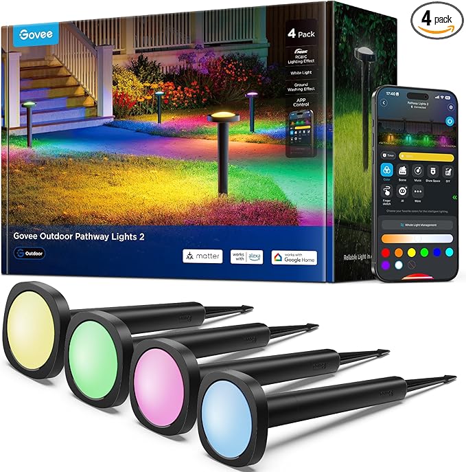 Govee Outdoor Pathway Lights 2 IP66 Waterproof Patio Lights 60+ Scene Modes Landscape Lighting for Yard Garage Garden Lawn Outdoor Decor Works with Alexa Google Assistant Matter Wired 4 Pack