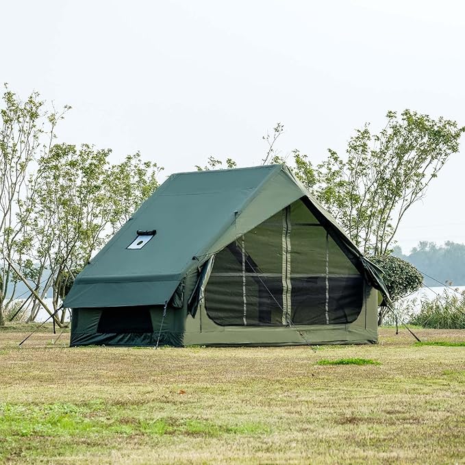 Inflatable Camping Tent with Hand Pump Waterproof Outdoor Blow up Tent Oxford 4 Season Air Tent Cabin House with Mesh Windows &amp Door 12sq/6sq Green