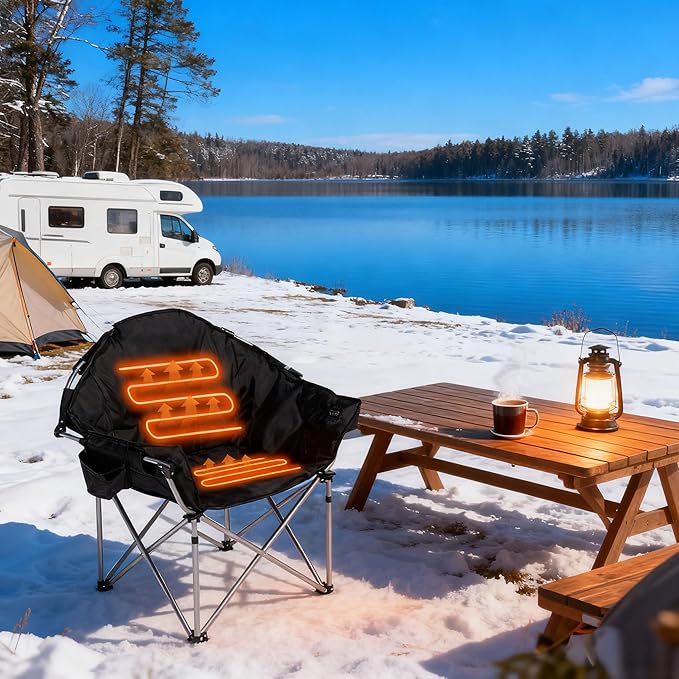 SunSettler Heated Camping Chair Oversized Heated Outdoor Chairs for Adults with 3 Heat Levels Portable Folding Padded Chair for Camp Lawn Sports (Battery NOT Included) (Black Small)