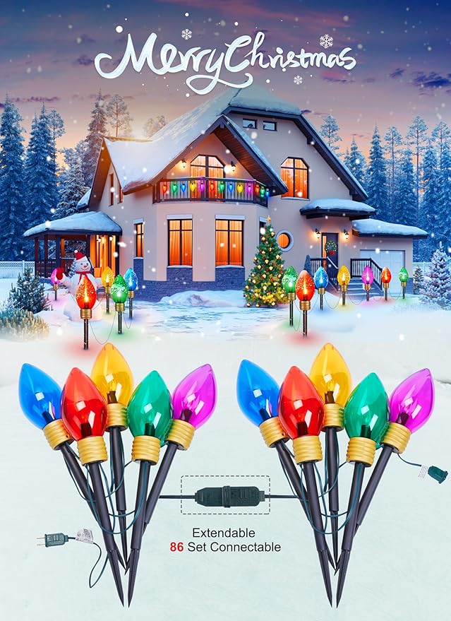 Christmas Lights Jumbo C9 Outdoor Lawn Decorations with Pathway Marker Stakes 2 Pack 8.5 Feet String Lights Covered Jumbo Multicolored Light Bulb for Holiday Outside Yard Garden Decor 10 Lights