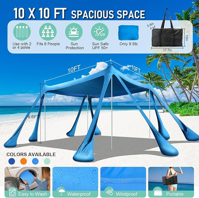 Beach Tent Sun Shelter Beach Canopy Tent Sun Shade Pop Up 10x10 UPF50+ with 8 Sandbags-2 Sand Shovel-Portable 4 Aluminum Poles-Ground Pegs-Easy Setup for Outdoor Family Camping Fishing Picnic