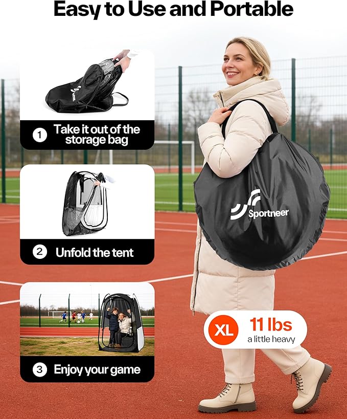 Sportneer XL Pop Up Sports Tent 46 L x 46 W x 63.5 H Clear TPU Outdoor Shelter for 1 Adult &amp 1 Child All-Weather Warm Bubble Pod with Instant Setup Wind &amp Rain Protection for Spectators