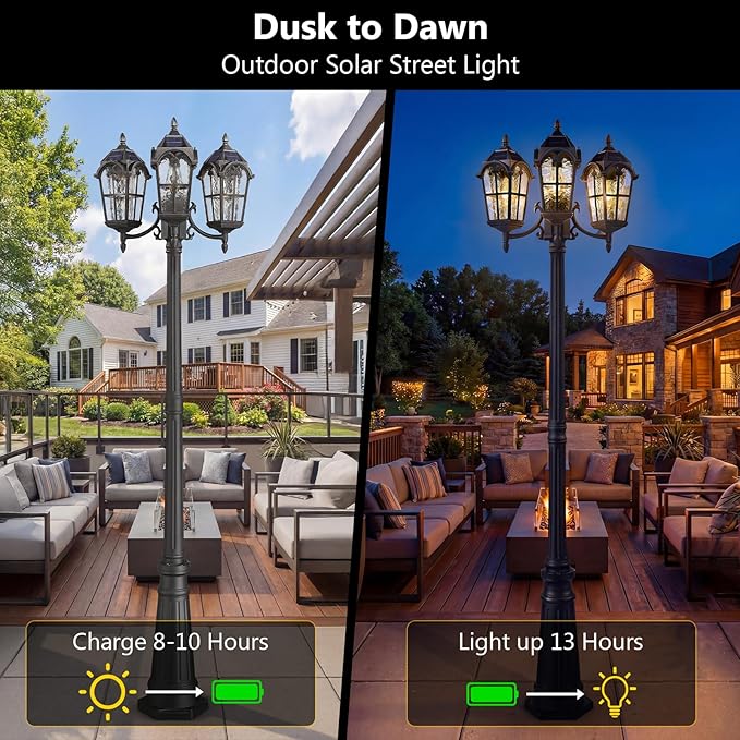 Emliviar 82.7 3-Head Outdoor Solar Lamp Street Lights Dusk to Dawn Post Lighting for Driveway Garden LED Exterior Black Pole Light with Water Grain Glass YXE302PL-3 SL BK