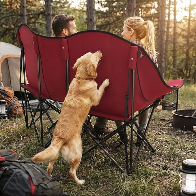 SUNNYFEEL Double Camping Chair Portable Folding Loveseat for 2 Adults Heavy Duty Oversized Camping Couch 600 lbs with Cup Holders &amp Storage for Outdoor Camping Beach Lawn Patio RV &amp Indoor