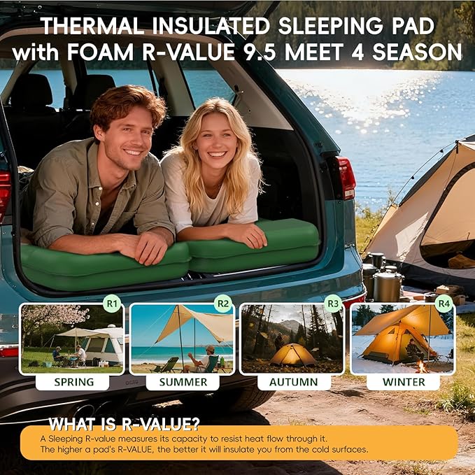 HiiPeak Memory Sleeping Pad Compact Ultra-Thick Foam Sleeping Mats with Pillow for Camping Easy Inflate&ampDeflate9.5 R-Value Insulated Camping Mattress Pad for Car Travel Tent