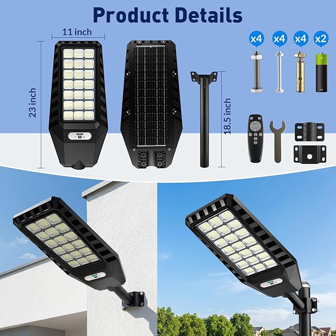 2-Pack Solar Street Lights Outdoor 23” Large Solar Lights Outdoor Waterproof with Motion Sensor 6500K LED Flood Lights Dusk to Dawn Commercial Security Parking Lot Light for Driveway Yard Garden