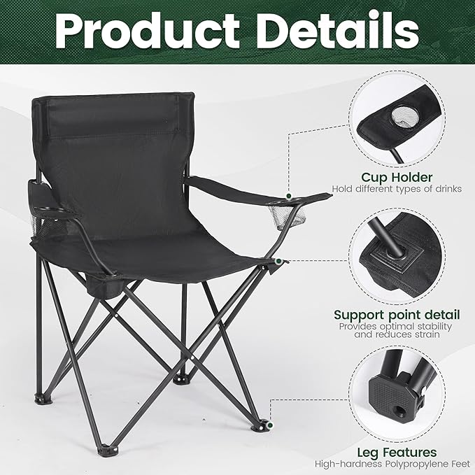 2 Pack Camping Chairs -Lightweight and Supportive Chairs for Adult and Lightweight Individuals - Compact Durable and Portable - Ideal for Camping Hiking Beach and Picnics -Carry Bag
