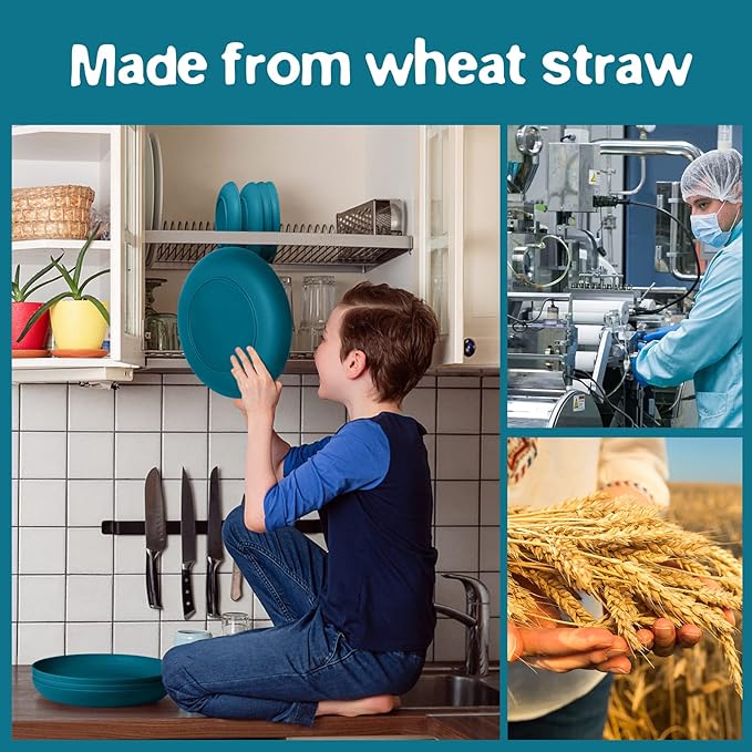 Teivio 32-Piece Kitchen Plastic Wheat Straw Dinnerware Set Service for 8 Dinner Plates Dessert Plate Cereal Bowls Cups Unbreakable Colorful Plastic Outdoor Camping Dishes Dark Blue