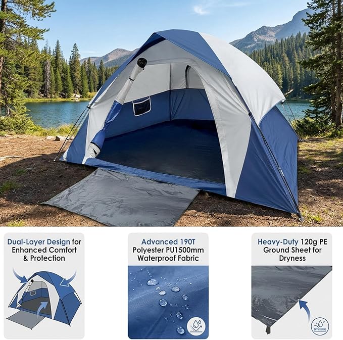 XL 4 Person Dome Camping Tent Double Layer Waterproof Removable Rain Fly for Outdoor Hiking Fishing