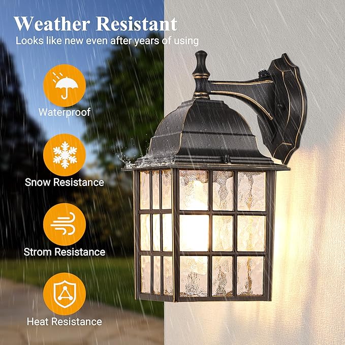 Black Dusk to Dawn Outdoor Lights for House with Gold Rim Sensor Exterior Lighting Fixtures Wall Mount Waterproof Porch Lights Wall Lantern Lamp Outside Sconce for Front Door Garage 2 Pack