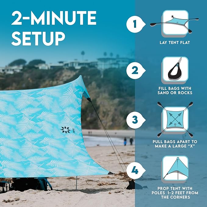Neso Gigante Portable Beach Tent Sun Shelter - Lightweight Beach Shade Canopy - Easy Setup for Family Outings - Patented Reinforced Corners - UPF 50+ - 8ft Tall 11 x 11ft - Aqua Fronds
