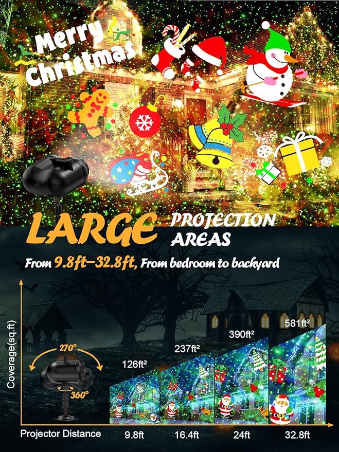 3-in-1 Christmas Projector Lights Outdoor Anysun Brighter 80 HD Patterns Christmas Decor 8-Pattern Ocean Wave Snowflake Starry Lights Show Christmas Projector Waterproof with Timer for House Party