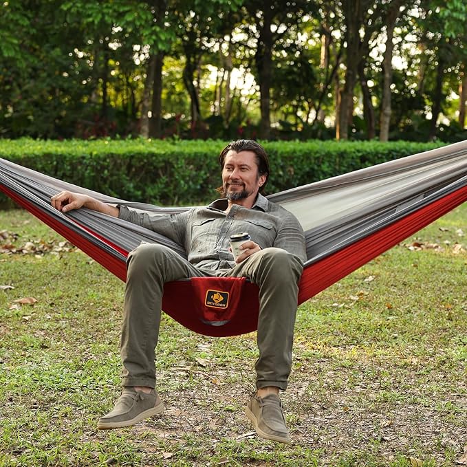 Camping Hammock Portable Hammocks with Mosquito NetLightweight Nylon Parachute Hammock with 10ft Tree StrapsCamping Gear Must Haves for Travel Hiking Backpacking Beach Patio-Red&ampGrey