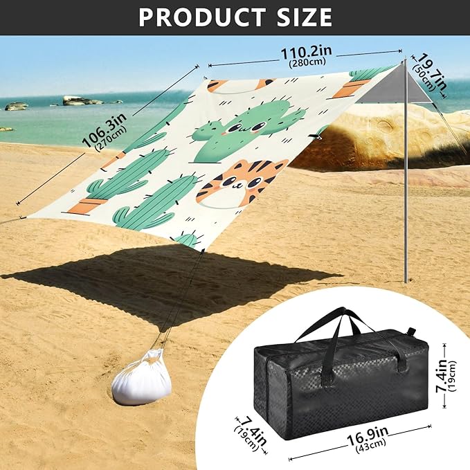 Cartoon Simple Cactus Cute Tiger Face Camping Sun Shelter Beach Tent Portable Beach Sun Shade Outdoor Canopy for Camping Trips Fishing Picnic
