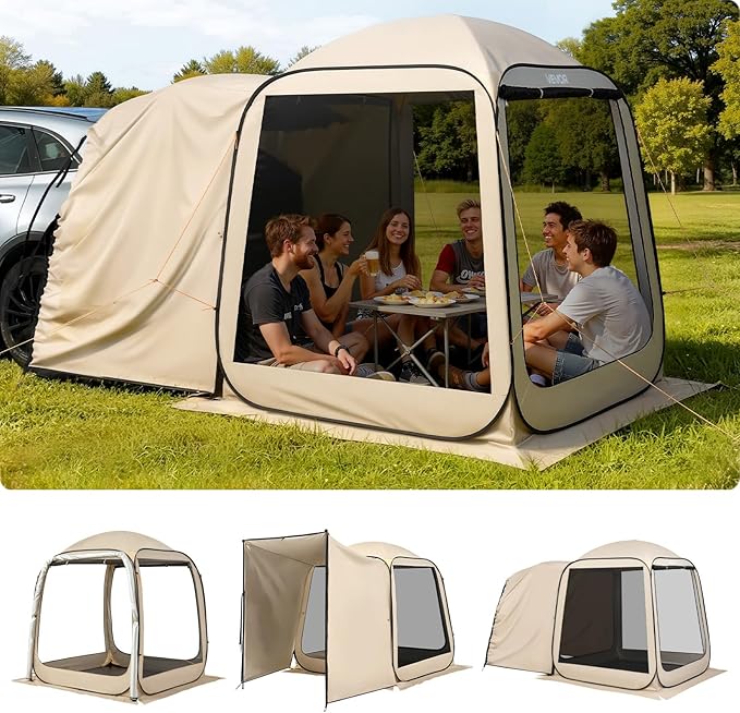 SUV Tailgate Tent VEVOR 6 x 6 ft Pop-Up Screen House Canopy for 4–6 Person Portable Screened Shelter with Carry Bag for Car Camping Backyard Patio Outdoor Activities