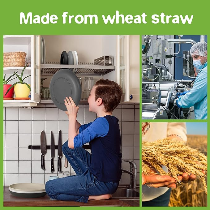 Teivio 32-Piece Kitchen Plastic Wheat Straw Dinnerware Set Service for 8 Dinner Plates Dessert Plate Cereal Bowls Cups Unbreakable Colorful Plastic Outdoor Camping Dishes Stone