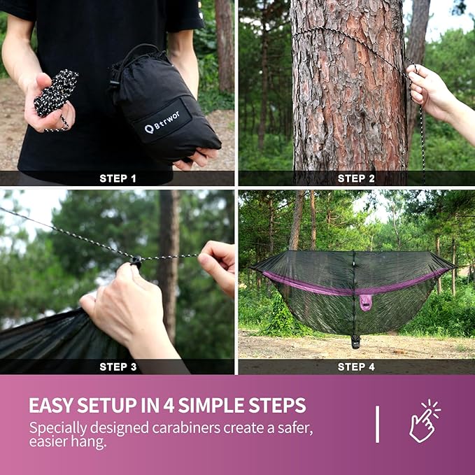 Hammock Anti-Mosquito System - Includes Double Hammock and Bug Net - Set of Essentials for Camping Hiking (Pink Hammock + Bug net)