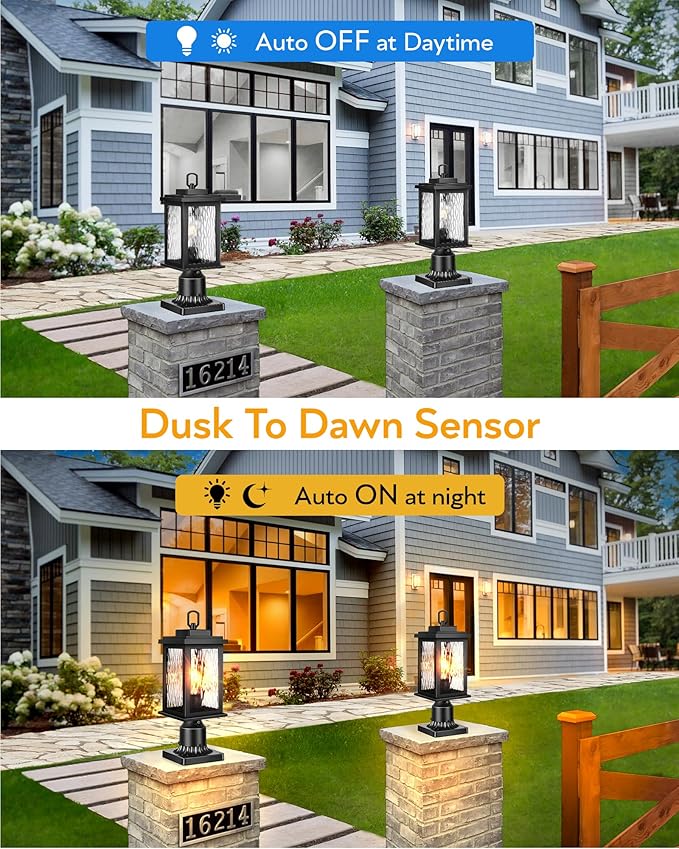 VIANIS Dusk to Dawn Outdoor Post Light Fixture with Pier Mount Base 2 Pack Waterproof Lamp Posts Outdoor Lighting Anti-Rust Aluminum Black Post Lantern Outdoor with Tempered Glass (Hardwired 120V)