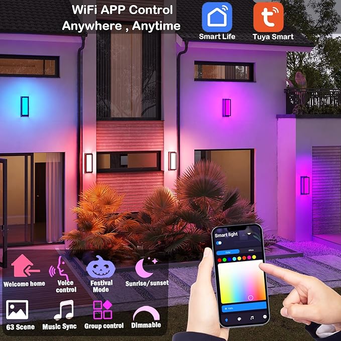 Smart Outdoor Lights Color Changing 2 Pack RGB+2700K-6500K Outdoor Wall Sconce Aluminum Exterior Lighting Fixtures Waterproof Antirust APP Control Up and Down Lights
