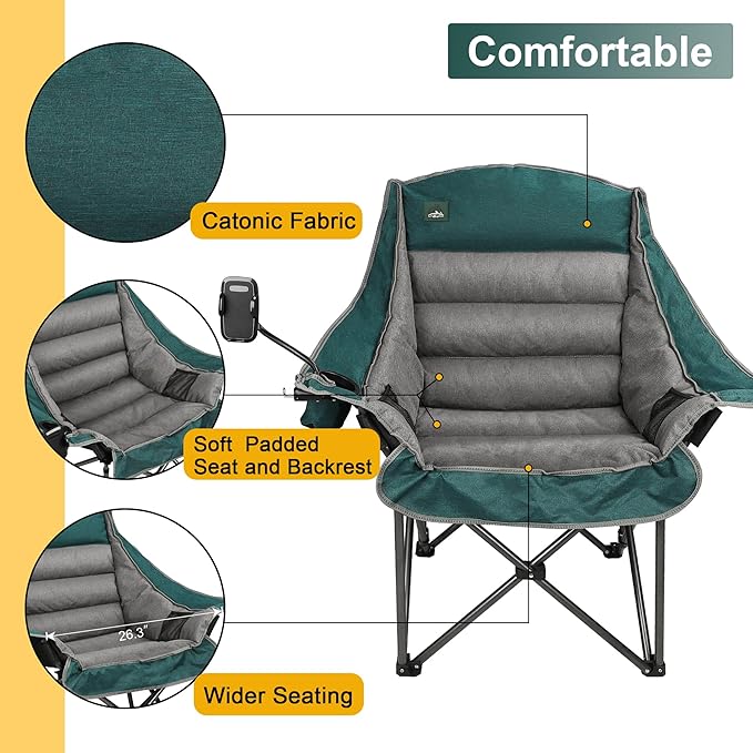 Northroad Oversized XL Padded Camping Chair w/Cell Phone Holder Large Camp Lounge Chair Foldable Lawn Chair w/Cup HolderCarry Bag for Outdoor Hiking Beach Picnics Heavy-Duty 400-lbs Capacity