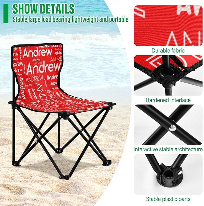 Sinestour Red Custom Folding Camping Chair for Teen Child Personalized Name 14.6×14.6in Portable Outdoor Chair with Carry Bag for Outside Picnic Lawn