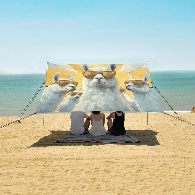 ALAZA Llamas with Sunglasses Beach Tent Sun Shelter UPF50+ Protection Beach Shade Canopy w/ 4 Sandbags for Outdoor Camping Fishing Backyard Fun Picnic 10x9 ft