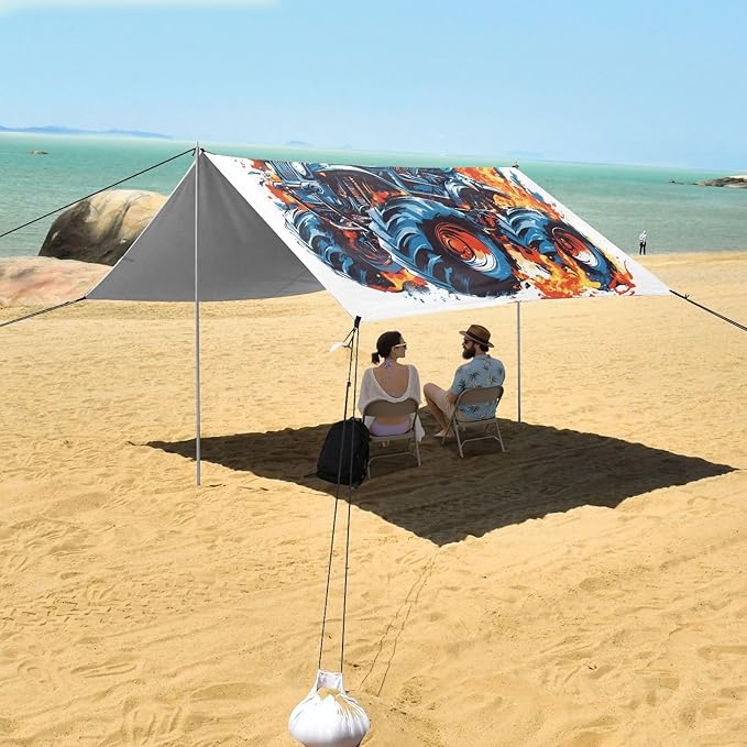 ALAZA Dinosaur Monster Truck Beach Tent Sun Shelter UPF50+ Protection Beach Shade Canopy w/ 4 Sandbags for Outdoor Camping Fishing Backyard Fun Picnic 10x9 ft