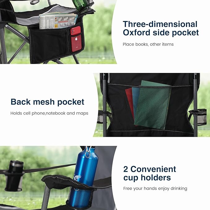 HIGH POINT SPORTS Oversized Camping Folding Chair Heavy Duty Outdoor Chair with Armrest Portable Lawn Chair with Cup Holder for Adults Support 350 LBS 2 Pack Gray-Black
