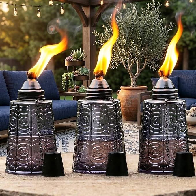Seraphic Citronella Table Top Torches for Outdoor Patio 16oz Decorative Glass Torch Citronella Candles for Outside Deck Garden Parties Set of 3 Black