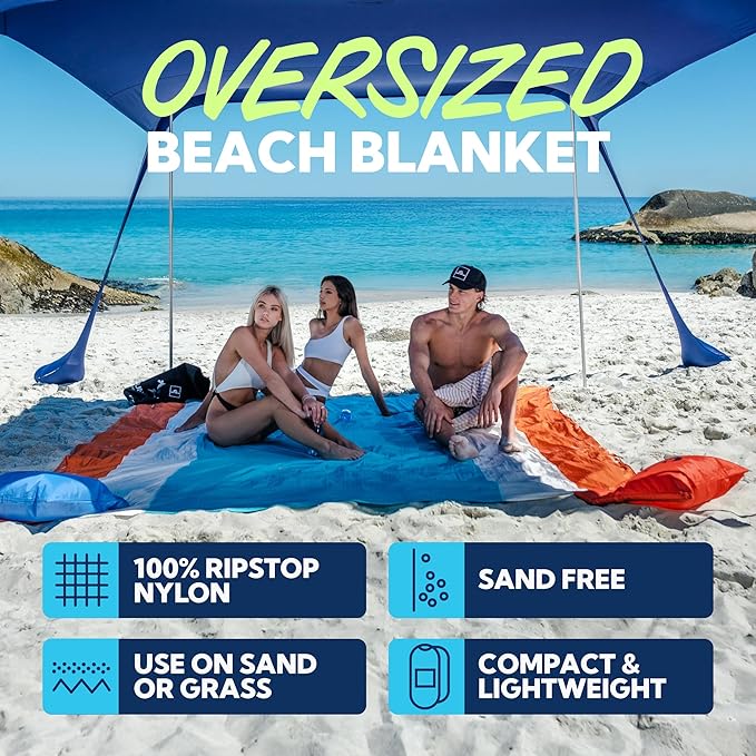 SUN NINJA Sand Proof Beach Blanket - Sand Free Beach Mat Lightweight &amp Quick Dry Beach Essentials with Travel Bag Giant Beach Blanket (10'x9') Perfect for Outdoors Picnic Camping &amp Travel