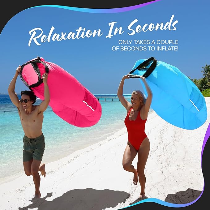 Nevlers Blue &amp Pink Inflatable Lounger 2 Pack | 210T Polyester Air Couch | No-Pump Inflatable Couch | Blow Up Chair Set w/ 450 lbs. Capacity Pockets &amp Carry Bags for Use as Beach Accessories