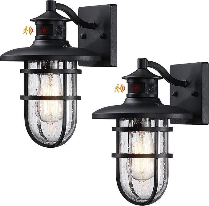 2 Pack Outdoor Wall Sconce with Motion SensorOutside Dusk to Dawn Exterior Wall MountIndustrial Anti-Rust Lantern Wall Lamp for PorchDoorwayGarageYardPatio