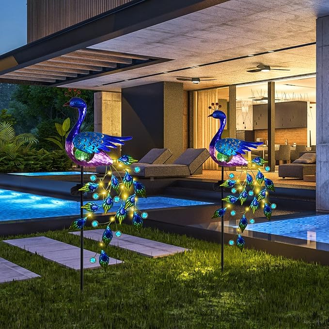 DREAMSOUL Peacock Solar Garden Lights Outdoor Decorative Stake Waterproof Metal Peacock Garden Decor Solar Powered Landscape LED Path Lights Walkway Patio Decoration Lawn Ornament