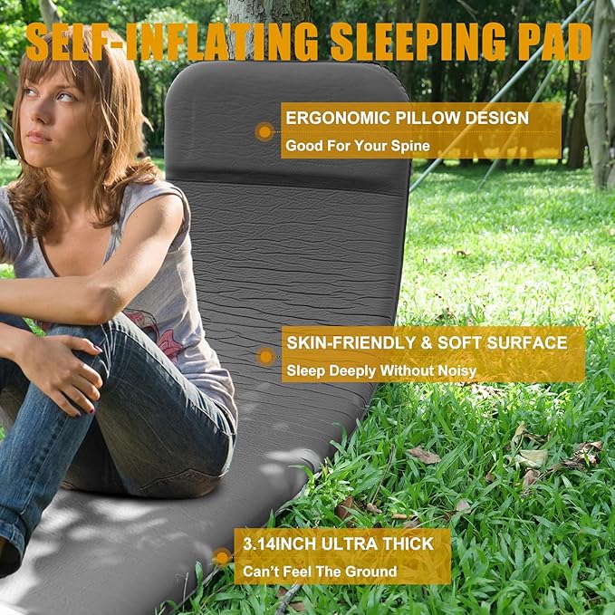 Self Inflating Sleeping Pad with Electric Pump 3.14 Ultra-Thick Memory Foam Camping Mattress Pad with Pillow Fast Inflating in 30s9.5 R-Value Insulated Camping Pad for Camping Car Travel LightGrey
