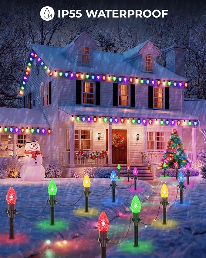 FREECUBE 50FT C9 LED Solar Christmas Pathway Lights Outdoor 25 Multicolor Bulbs with 8 Modes &amp Timer Waterproof Solar Christmas Stake Lights for Yard Lawn Sidewalk Driveway Outdoor Decorations