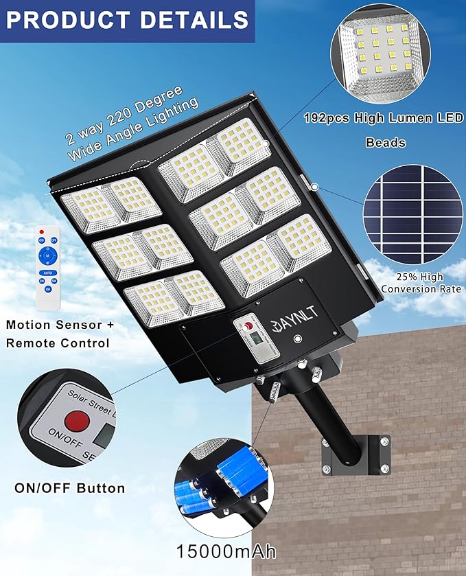 JAYNLT Y-2000W Solar Street Light 200000LM 6500K Solar Flood Lights Outdoor Dusk to Dawn 6500K IP67 Waterproof Parking lot Light Outdoor with Motion Sensor and Remote Control for Garage Road