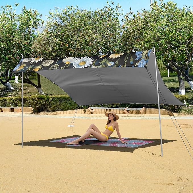 Blue White Flowers Beach Tent Sun Shelter 9.2' x 10.5' Beach Canopy with 4 Sandbags 4 Stability Poles Sand Shovels - Tent Canopy for Beach Camping Fishing Picnics