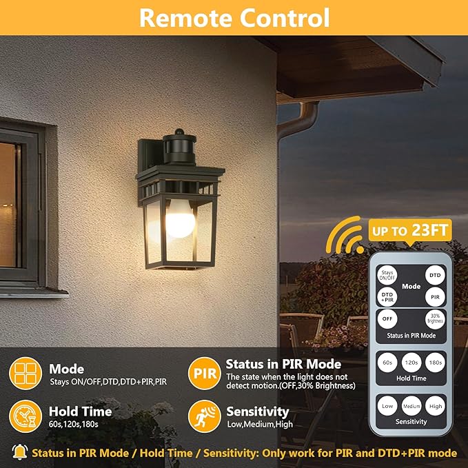 Motion Sensor Outdoor Wall Lantern with 4 Modes Dusk to Dawn Sensor Exterior Wall Light Outdoor Wall Sconce with Glass Shade Motion Activated Porch Light for Doorway Garage LED Bulb Included