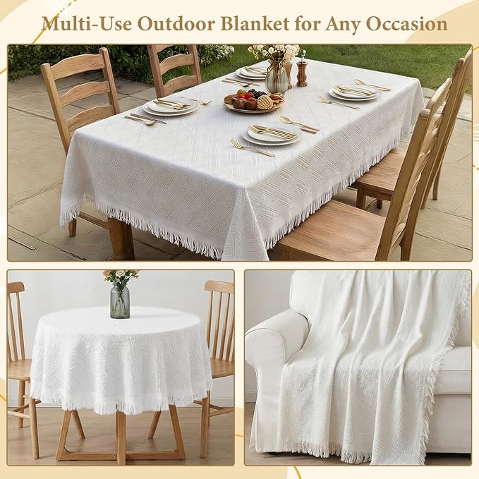 91 x 71 Inch Large White Picnic Blanket Outdoor Picnic Blanket with Fringe Soft Cotton Woven Blanket Picnic Lightweight Foldable Blanket Picnic for Beach Park Camping (White Diamond Pattern)