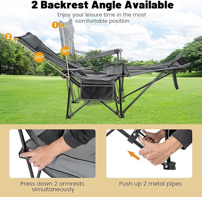 GYMAX Camping Chair Adjustable Reclining Lounge Chair w/Removable Footrest Padded Pillow Cup Holder &amp Side Pocket Folding Camping Mesh Chair w/Carry Bag for Outdoor Patio Lakeside (1 Grey)