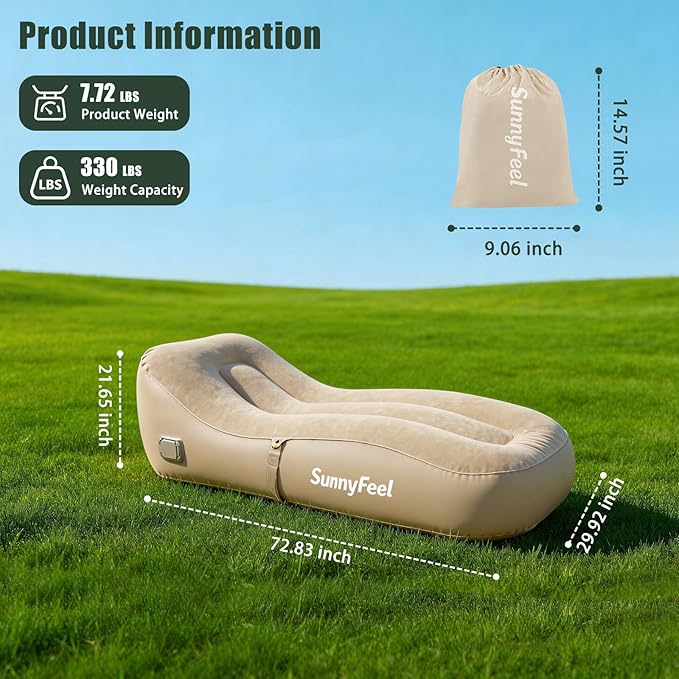 SUNNYFEEL Inflatable Lounge Chair with Built-in Pump Heavy Duty PVC Flocked Inflatable Sofa for Adults Portable Air Lounger for Camping Beach Home &amp OutdoorBeige