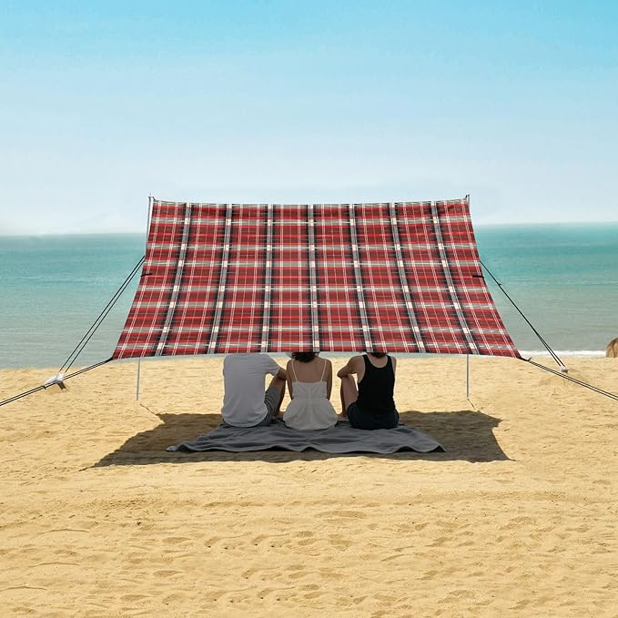 ALAZA Red Grid Tartan Cage Beach Tent Sun Shelter UPF50+ Protection Beach Shade Canopy w/ 4 Sandbags for Outdoor Camping Fishing Backyard Fun Picnic 10x9 ft