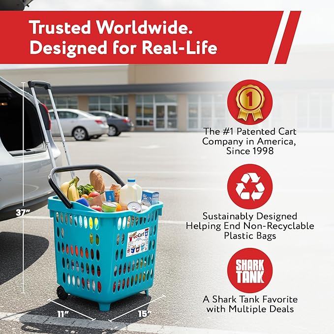 dbest products Bigger GoCart Grocery Cart Rolling Shopping Laundry Basket on Wheels Hamper with Telescopic Handle Cleaning Caddy Trolley Teal Bigger 1 pack