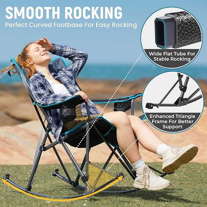 FUNDANGO Oversized Rocking Camping Chair for Adults 2 Pack Portable Folding Lawn Chairs for Outside with Pillows Wide Armrest 2 Cup Holders Carry Bag for Patio Garden Outdoor Supports 400Lbs