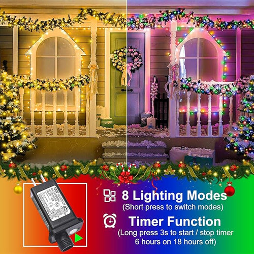 2 Pack Christmas Lights Outdoor Total 200FT 600LED Christmas String Lights Waterproof Green Wire Twinkle Tree Lights for Indoor Patio Party Decorations 1 Pack Warm White &amp 1 Pack Multicolor